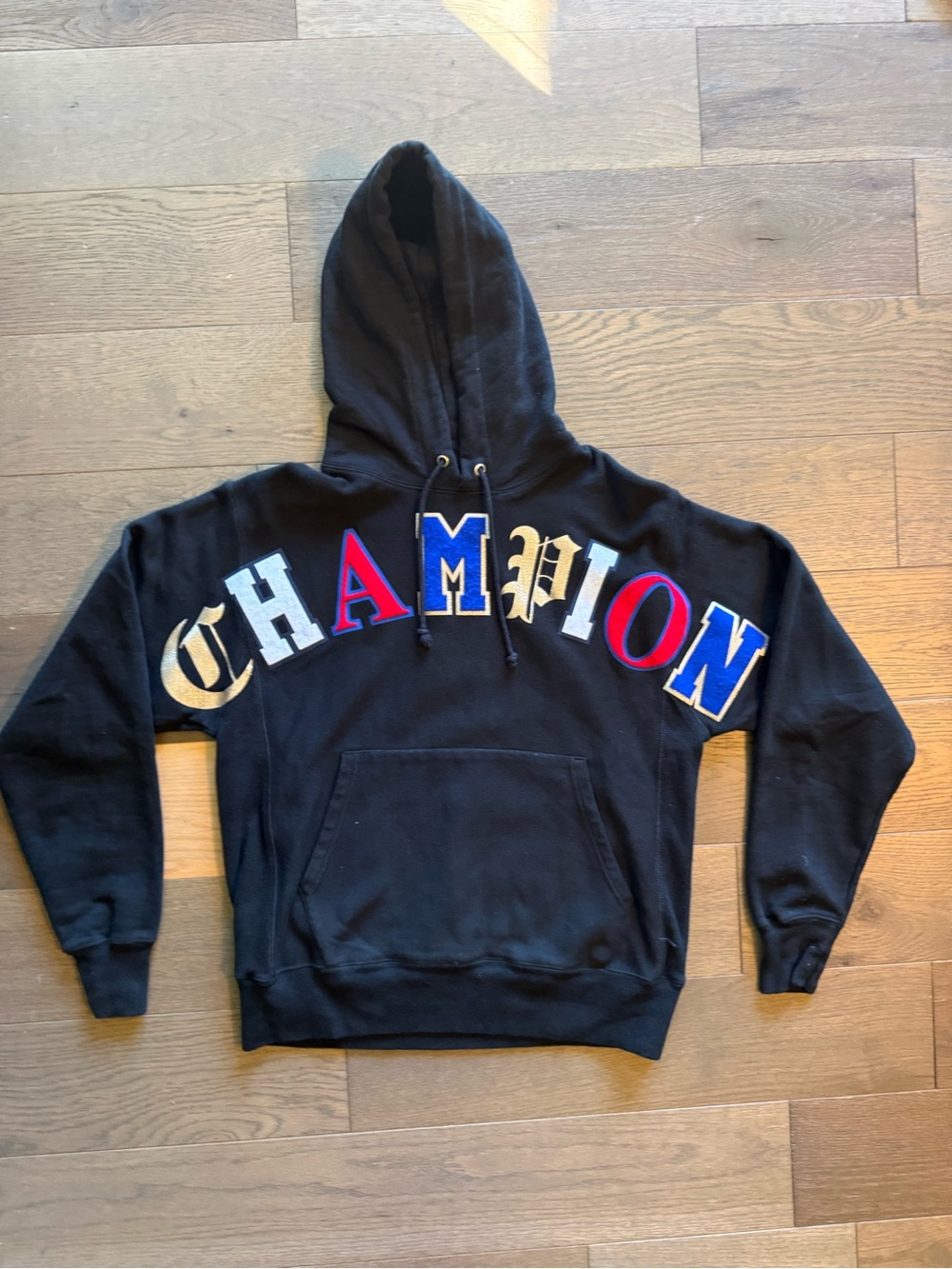 Champion Black Hoodie with Multicolor Lettering Men’s M